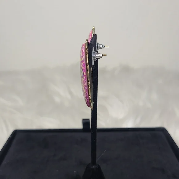 Vintage Stud Earrings Oval Shape Gold Tone Lavender Pink Marbling Everyday Retro - Picture 3 of 5